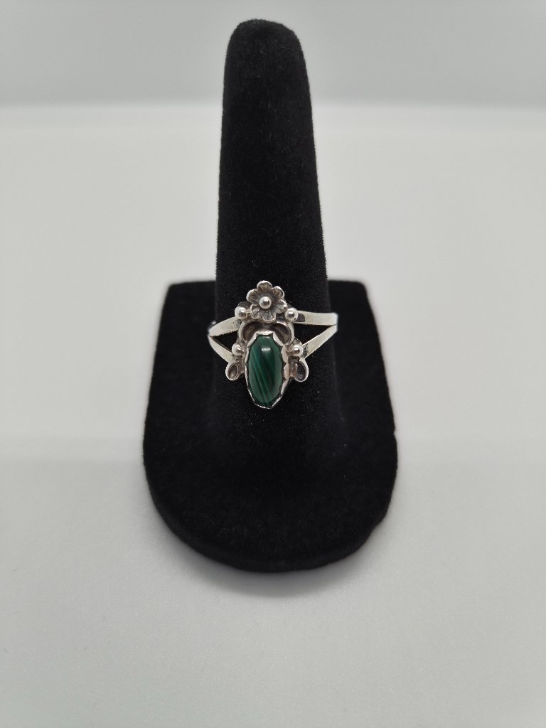 Sterling Silver 925 Malachite Ring Flower Vintage Size 6.75